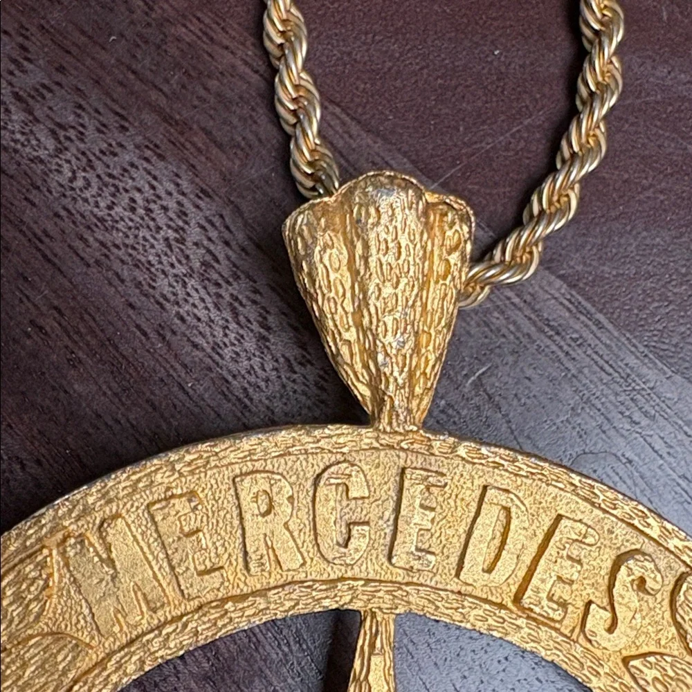 Gold Metal Mercedes Benz Logo Pendant Medallion and Chain Necklace